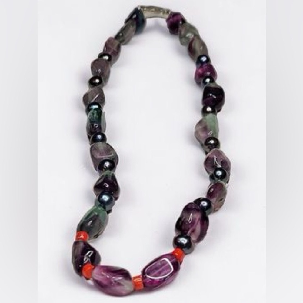 VTG Fluorite Beads in shades of Purple Teal Green Pink & Genuine Pearl necklace